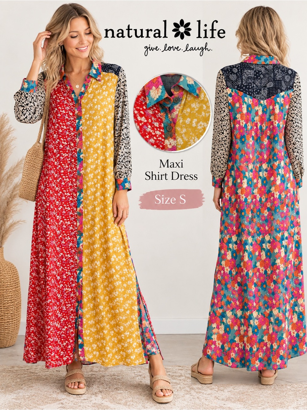 Natural Life Patchwork Floral Maxi Shirt Dress Size Small Boho Cottagecore